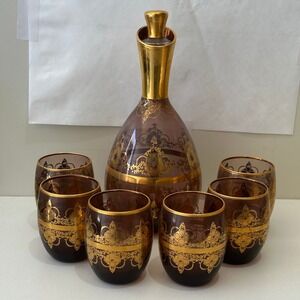Venezia Amethyst Glass Decanter Set Gold Encrusted 7pc Vintage 2005